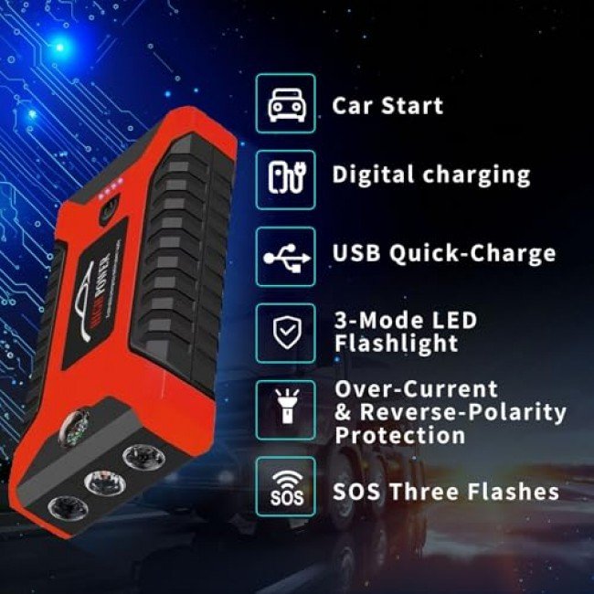 Portable Car Jump Starter 300 A Starting Current, 800 A Peak Booster Power Bank with LED Flashlight, Type‑C Charging Cable & Carry Case
