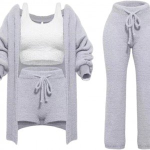Women's Cozy Knit Set 4-Piece Soft Fleece Pajamas Warm Cardigan Coat Vest Shorts