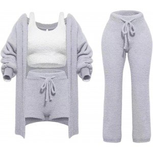 Women's Cozy Knit Set 4-Piece Soft Fleece Pajamas Warm Cardigan Coat Vest Shorts