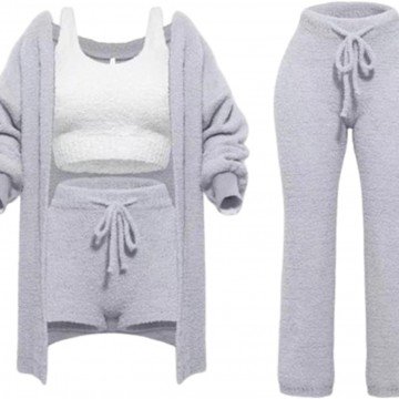 Women's Cozy Knit Set 4-Piece Soft Fleece Pajamas Warm Cardigan Coat Vest Shorts