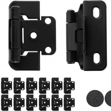 JQK 1/2 Inch Overlay Cabinet Door Hinges Black Semi Partial Wrap, 20 Pack 10 Pairs Flush Face Mount Cupboard Self-Closing Kitchen Cabinet Hinges with Door Bumper, CH400-BK-P20