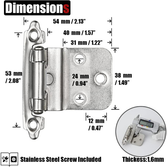 JQK 3/8 Inch Inset Cabinet Door Hinges Satin Nickel, 4 Pack 2 Pairs Flush Face Mount Cupboard Self-Closing Kitchen Cabinet Hardware Hinges with Door Bumper, CH201-SN-P20