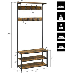 Yaheetech 3-in-1 Design Hall Tree Coat Rack Shoe Bench with 23 Hooks, Entryway Storage Shelf Bench with Metal Frame, Industrial Accent Furniture for Mudroom & Hallway, Easy Assembly, Rustic Brown