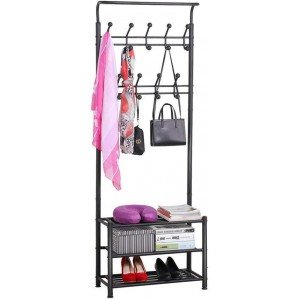 Yaheetech 3-in-1 Coat Rack Shoe Bench, Entryway Hall Tree with 18 Hooks and 3-Tier Shoe Storage Bench, Metal Coat Hat Stand Rod for Hanging Jacket, Easy Assembly, Black
