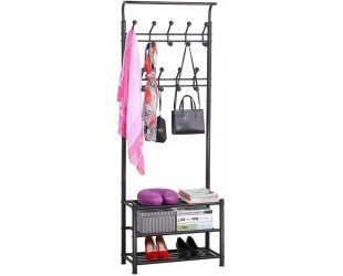 Yaheetech 3-in-1 Coat Rack Shoe Bench, Entryway Hall Tree with 18 Hooks and 3-Tier Shoe Storage Bench, Metal Coat Hat Stand Rod for Hanging Jacket, Easy Assembly, Black