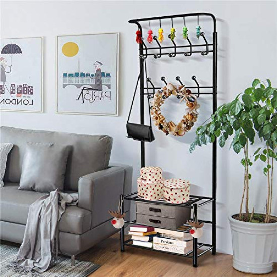 Yaheetech 3-in-1 Coat Rack Shoe Bench, Entryway Hall Tree with 18 Hooks and 3-Tier Shoe Storage Bench, Metal Coat Hat Stand Rod for Hanging Jacket, Easy Assembly, Black