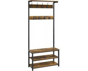 Yaheetech 3-in-1 Design Hall Tree Coat Rack Shoe Bench with 23 Hooks, Entryway Storage Shelf Bench with Metal Frame, Industrial Accent Furniture for Mudroom & Hallway, Easy Assembly, Rustic Brown