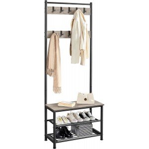 Yaheetech 3-in-1 Hall Tree Coat Rack For Entryway with Shoe Storage Bench, 9 Movable Hooks, Industrial Accent Furniture with Metal Frame, Easy Assembly, Gray