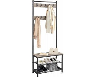 Yaheetech 3-in-1 Hall Tree Coat Rack For Entryway with Shoe Storage Bench, 9 Movable Hooks, Industrial Accent Furniture with Metal Frame, Easy Assembly, Gray