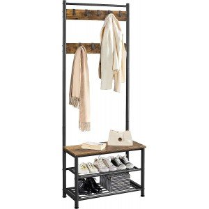 Yaheetech 3-in-1 Hall Tree Coat Rack Shoe Bench with 9 Hooks and Storage Shelf, Industrial Entryway Storage Shelf Bench, Easy Assembly, Rustic Brown