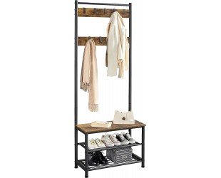 Yaheetech 3-in-1 Hall Tree Coat Rack Shoe Bench with 9 Hooks and Storage Shelf, Industrial Entryway Storage Shelf Bench, Easy Assembly, Rustic Brown