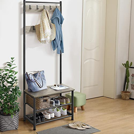 Yaheetech 3-in-1 Hall Tree Coat Rack Shoe Bench with 9 Hooks and Storage Shelf, Industrial Entryway Storage Shelf Bench, Easy Assembly, Rustic Brown