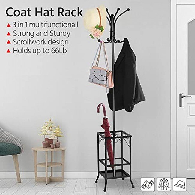 Yaheetech Coat Rack and Umbrella Stand, Entryway Coat Rack Hat Hanger Hooks Hall Tree Stand for Home or Office, Black