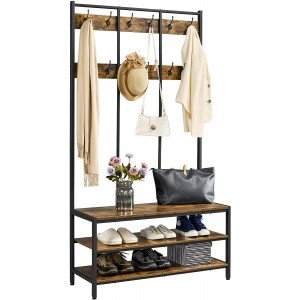 Yaheetech Hall Tree Storage Bench for Entryway, Coat Rack Shoe Bench, 3-in-1 Coat Rack with Bench, 3-Tier Storage Shelves & 24 Hooks for Bedroom, Metal Frame, Rustic Brown