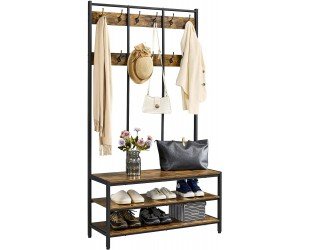 Yaheetech Hall Tree Storage Bench for Entryway, Coat Rack Shoe Bench, 3-in-1 Coat Rack with Bench, 3-Tier Storage Shelves & 24 Hooks for Bedroom, Metal Frame, Rustic Brown