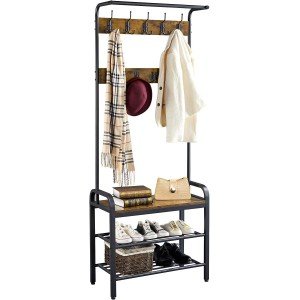 Yaheetech Hall Tree with Bench and Shoe Storage for Entryway, 4-in-1 Coat Rack Shoe Bench with 23 Hooks, a Hanging Rod, Metal Frame, 13.5 x 28 x 72 Inches, Rustic Brown