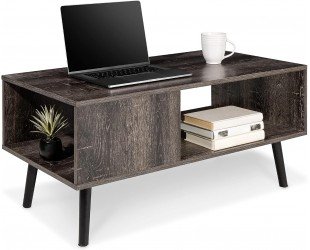 Best Choice Products Wooden Mid-Century Modern Coffee Table, Accent Furniture for Living Room, Indoor, Home Décor w/Open Storage Shelf, Wood Grain Finish - Black