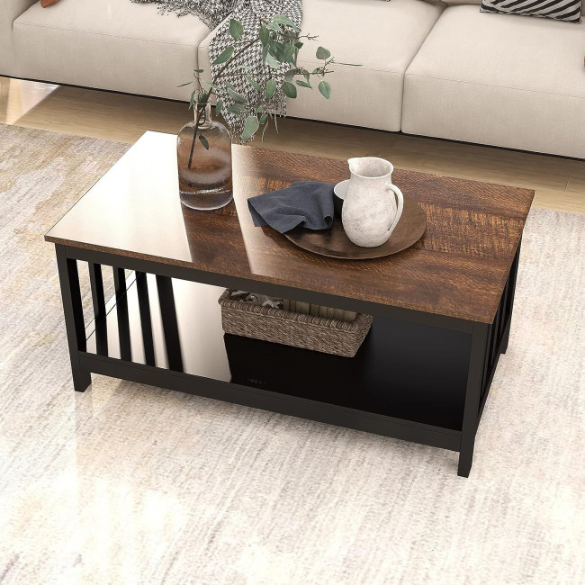 ChooChoo Farmhouse Coffee Table, Black Living Room Table with Shelf, 40 Inch