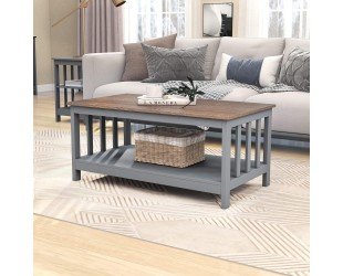 ChooChoo Farmhouse Coffee Table, Grey Living Room Table with Shelf, 40 Inch