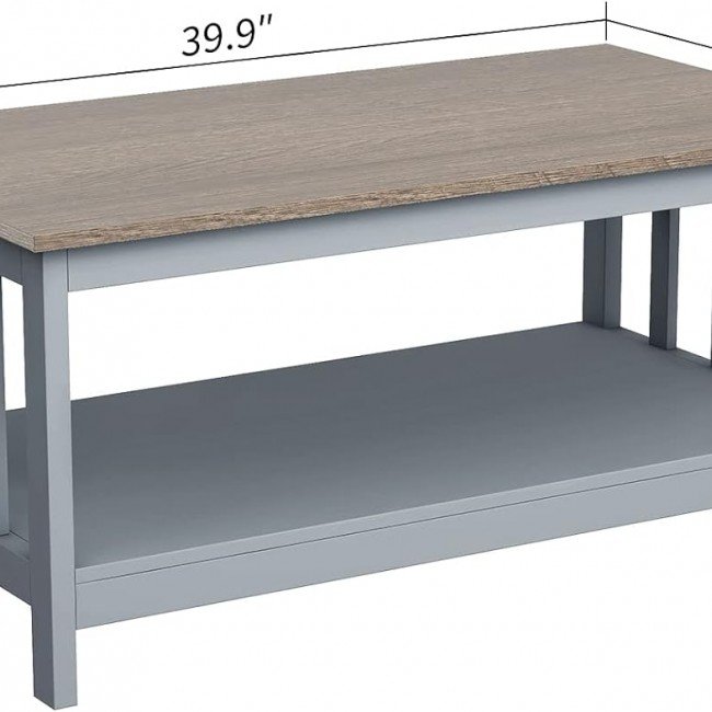 ChooChoo Farmhouse Coffee Table, Grey Living Room Table with Shelf, 40 Inch