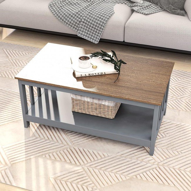 ChooChoo Farmhouse Coffee Table, Grey Living Room Table with Shelf, 40 Inch