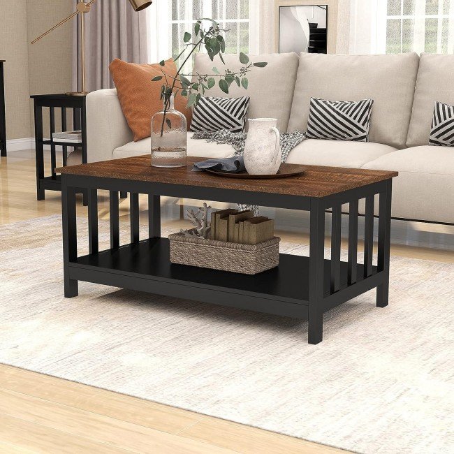 ChooChoo Farmhouse Coffee Table, Grey Living Room Table with Shelf, 40 Inch