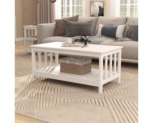 ChooChoo Farmhouse Coffee Table, Pure White Living Room Table with Shelf, 40 Inch