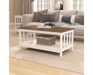 ChooChoo White Coffee Table, Farmhouse Living Room Table with Shelf, 40 Inch
