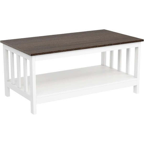 ChooChoo White Coffee Table, Farmhouse Living Room Table with Shelf, 40 Inch