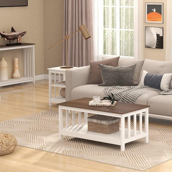 ChooChoo White Coffee Table, Farmhouse Living Room Table with Shelf, 40 Inch ChooChoo White Coffee Table, Farmhouse Living Room Table with Shelf, 40 Inch