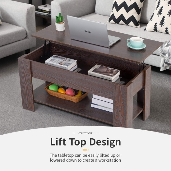 FDW Lift Top Coffee Table with Hidden Compartment and Storage Shelf Wooden Lift Tabletop for Home Living Room Reception Room Office (Brown)