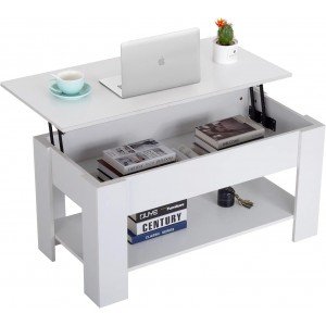 FDW Lift Top Coffee Table with Hidden Compartment and Storage Shelf Wooden Lift Tabletop for Home Living Room Reception Room Office (White)