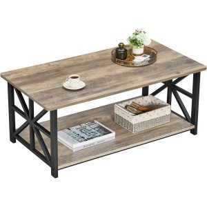 GreenForest Coffee Table for Living Room with Round Corners Farmhouse Style Center Table with Storage Shelf 39 Inch Space Saving Easy Assembly Gray Wash