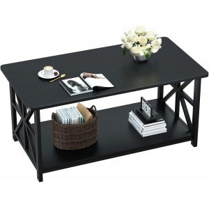 GreenForest Coffee Table with Round Corner, Farmhouse Center Table with 2-Tier Storage Shelf X-Frame Design for Living Room, 39 inch Black