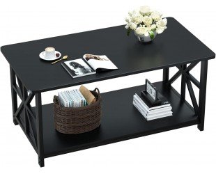 GreenForest Coffee Table with Round Corner, Farmhouse Center Table with 2-Tier Storage Shelf X-Frame Design for Living Room, 39 inch Black