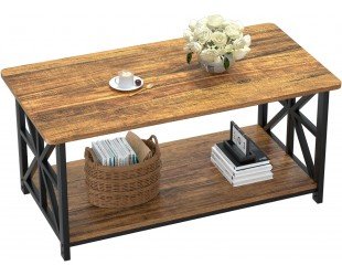 GreenForest Coffee Table with Round Corner, Farmhouse Center Table with 2-Tier Storage Shelf X-Frame Design for Living Room, 39 inch Walnut