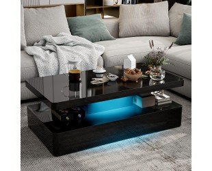 IKIFLY Modern High Glossy Black Coffee Table with 16 Colors LED Lights, Contemporary Rectangle Design Living Room Furniture, 2 Tiers