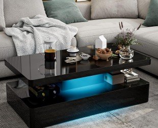IKIFLY Modern High Glossy Black Coffee Table with 16 Colors LED Lights, Contemporary Rectangle Design Living Room Furniture, 2 Tiers