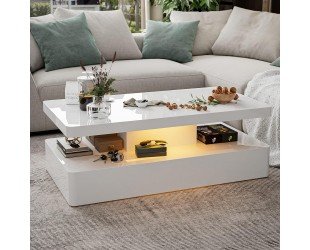 IKIFLY Modern High Glossy White Coffee Table with 16 Colors LED Lights, Contemporary Rectangle Design Living Room Furniture, 2 Tiers