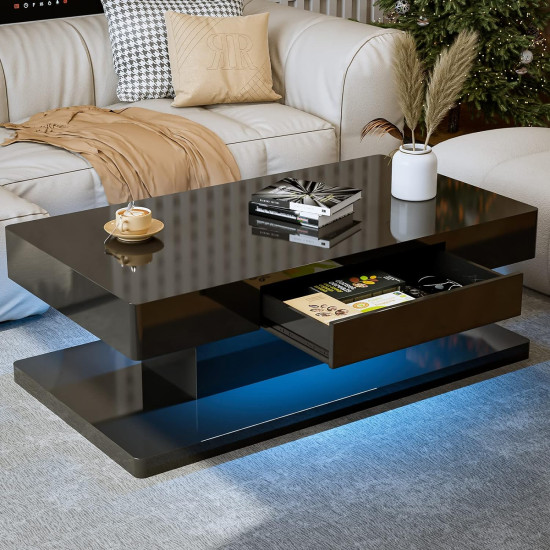 IKIFLY Modern High Glossy White Coffee Table with 16 Colors LED Lights, Contemporary Rectangle Design Living Room Furniture, 2 Tiers