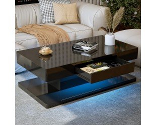 IKIFLY Modern LED Coffee Table with Drawer, Black High Glossy Rectangle Coffee End Table with 16 Colors LED Lights for Living Room Bedroom