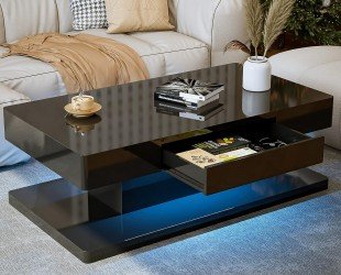 IKIFLY Modern LED Coffee Table with Drawer, Black High Glossy Rectangle Coffee End Table with 16 Colors LED Lights for Living Room Bedroom