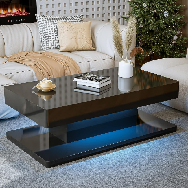 IKIFLY Modern LED Coffee Table with Drawer, Black High Glossy Rectangle Coffee End Table with 16 Colors LED Lights for Living Room Bedroom