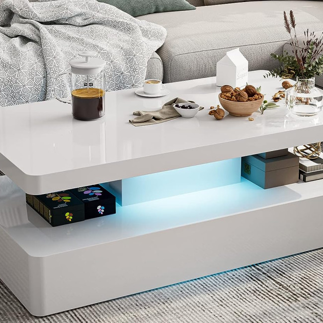 IKIFLY Modern LED Coffee Table with Drawer, Black High Glossy Rectangle Coffee End Table with 16 Colors LED Lights for Living Room Bedroom