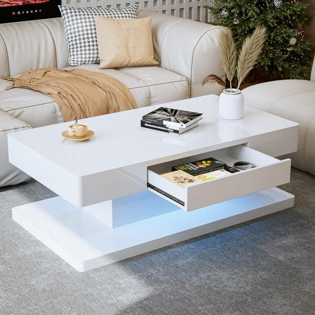 IKIFLY Modern LED Coffee Table with Drawer, White High Glossy Rectangle Coffee End Table with 16 Colors LED Lights for Living Room Bedroom IKIFLY Modern LED Coffee Table with Drawer, White High Glossy Rectangle Coffee End Table with 16 Colors LED Lights for Living Room Bedroom