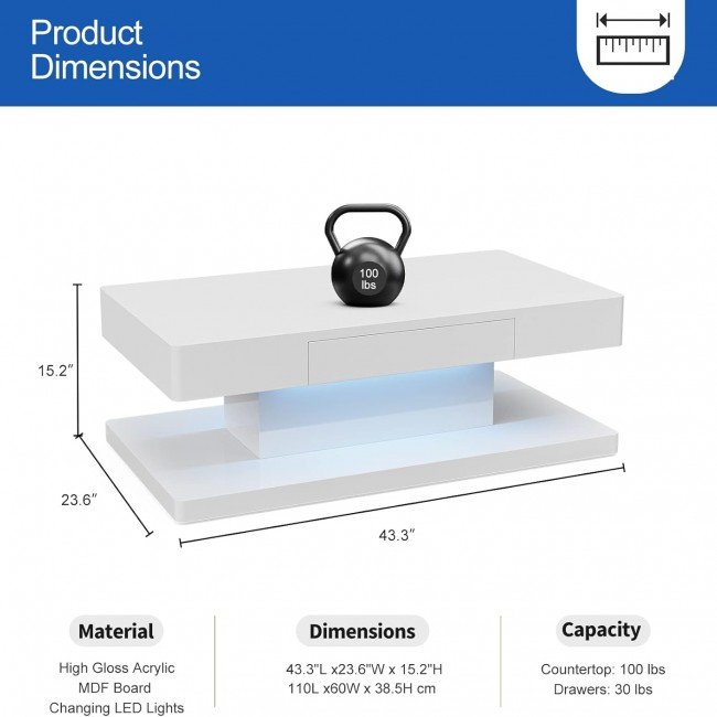 IKIFLY Modern LED Coffee Table with Drawer, White High Glossy Rectangle Coffee End Table with 16 Colors LED Lights for Living Room Bedroom