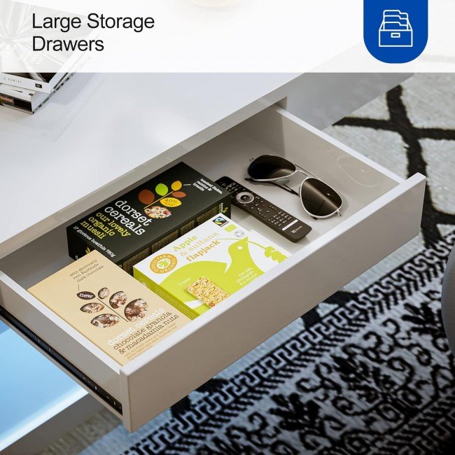 IKIFLY Modern LED Coffee Table with Drawer, White High Glossy Rectangle Coffee End Table with 16 Colors LED Lights for Living Room Bedroom IKIFLY Modern LED Coffee Table with Drawer, White High Glossy Rectangle Coffee End Table with 16 Colors LED Lights for Living Room Bedroom