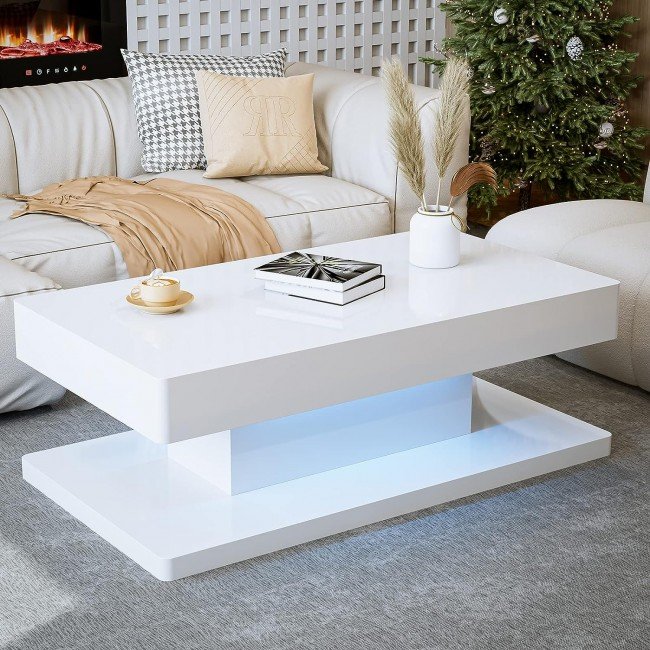 IKIFLY Modern LED Coffee Table with Drawer, White High Glossy Rectangle Coffee End Table with 16 Colors LED Lights for Living Room Bedroom