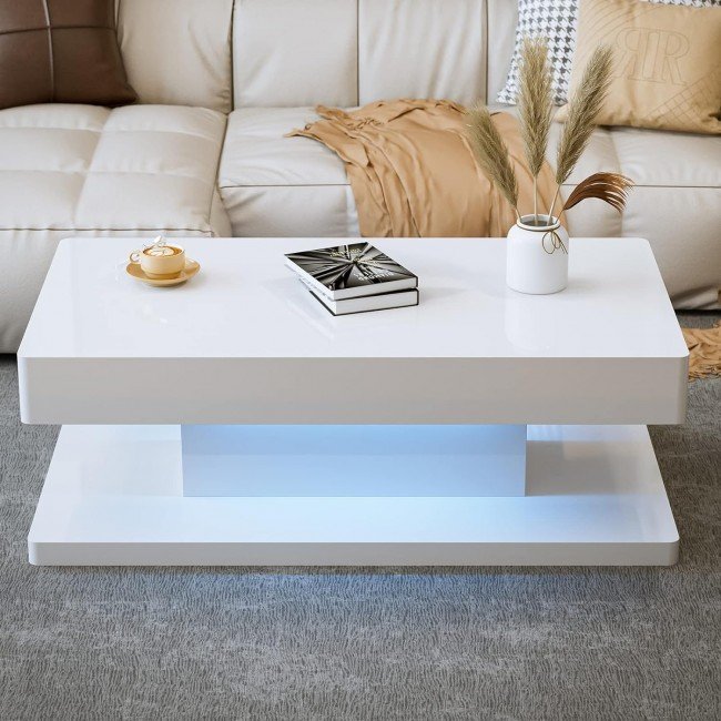 IKIFLY Modern LED Coffee Table with Drawer, White High Glossy Rectangle Coffee End Table with 16 Colors LED Lights for Living Room Bedroom IKIFLY Modern LED Coffee Table with Drawer, White High Glossy Rectangle Coffee End Table with 16 Colors LED Lights for Living Room Bedroom