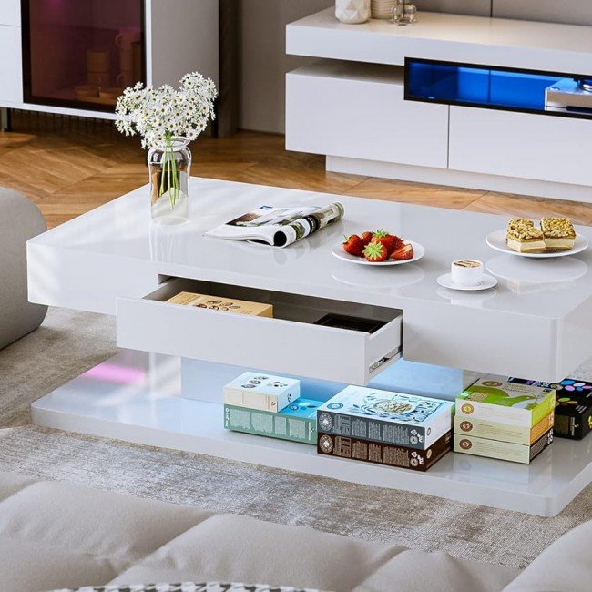 IKIFLY Modern LED Coffee Table with Drawer, White High Glossy Rectangle Coffee End Table with 16 Colors LED Lights for Living Room Bedroom IKIFLY Modern LED Coffee Table with Drawer, White High Glossy Rectangle Coffee End Table with 16 Colors LED Lights for Living Room Bedroom